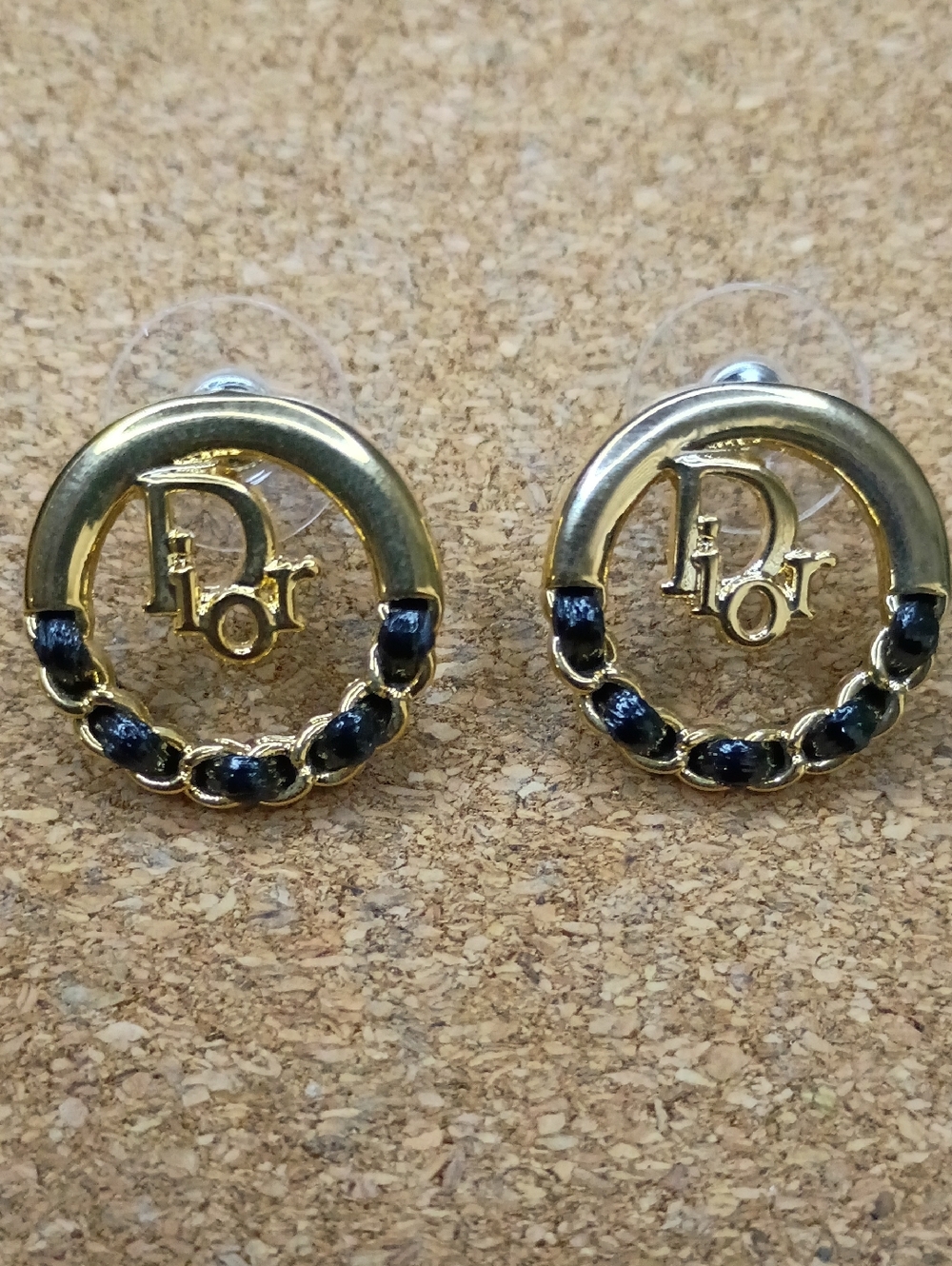 New Gold Tone and Black Logo Stud Earrings
